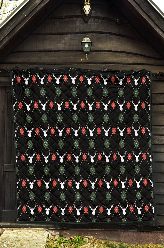Deer Christmas New Year Pattern Argyle Premium Quilt.