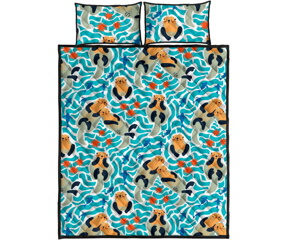 Cute sea otters fishe sea urchin pattern Quilt Bed Set