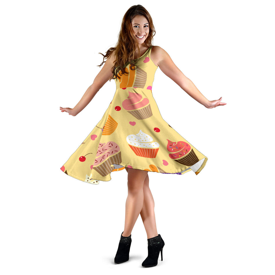 Cake Cupcake Heart Cherry Pattern Sleeveless Midi Dress