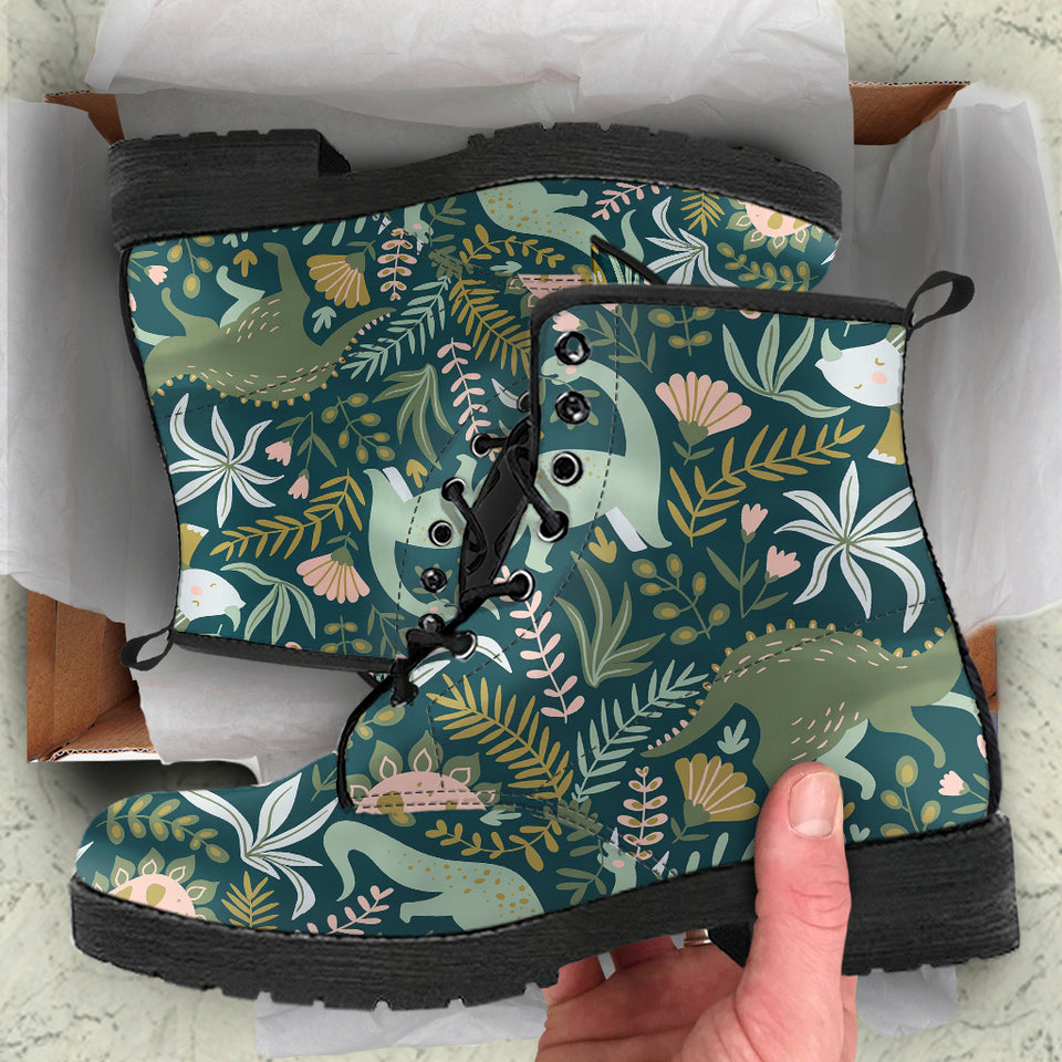 Dinosaurs Tropical Leaves Flower Pattern Leather Boots
