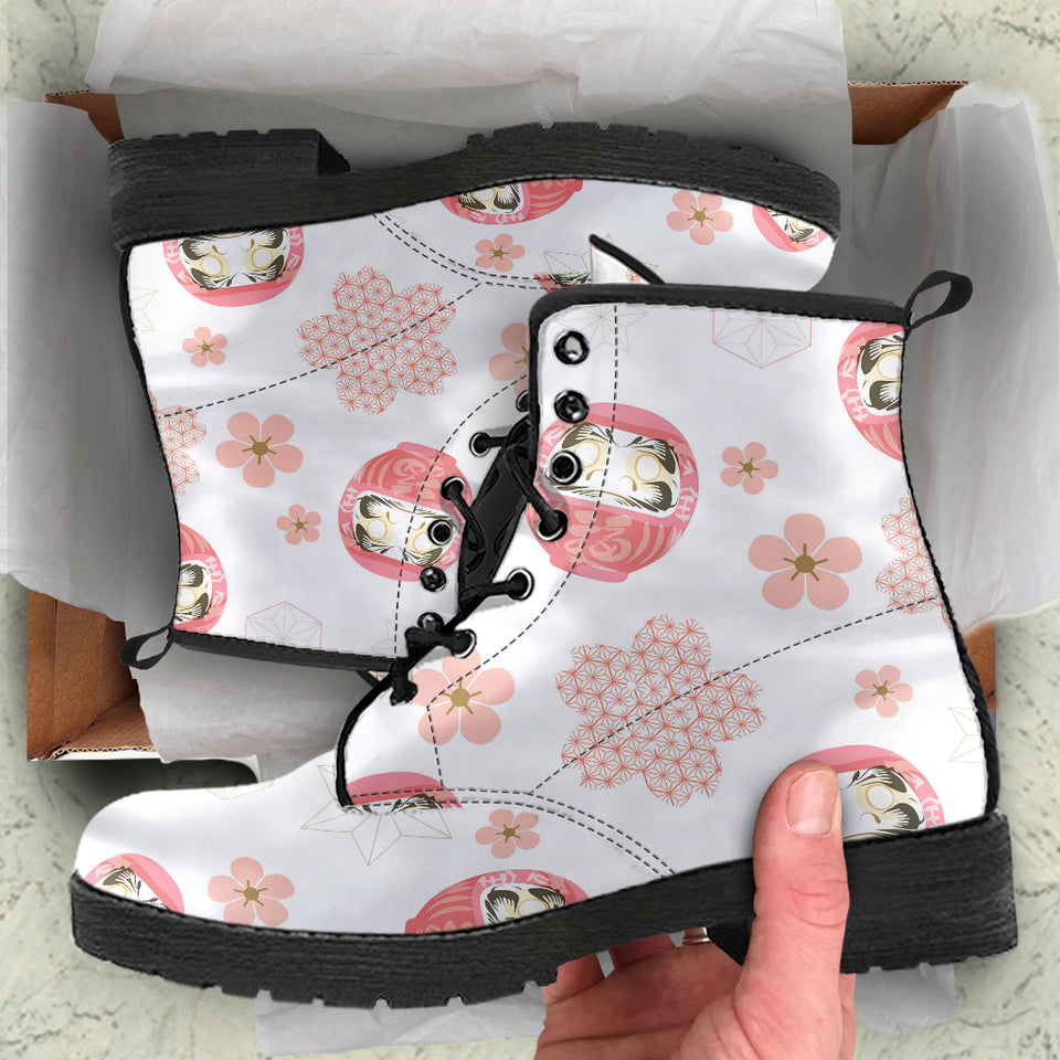Daruma Japanese Wooden Doll Cherry Blossom Flower Pattern Leather Boots