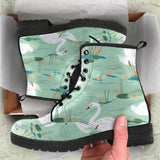 White Swan Lake Pattern Leather Boots