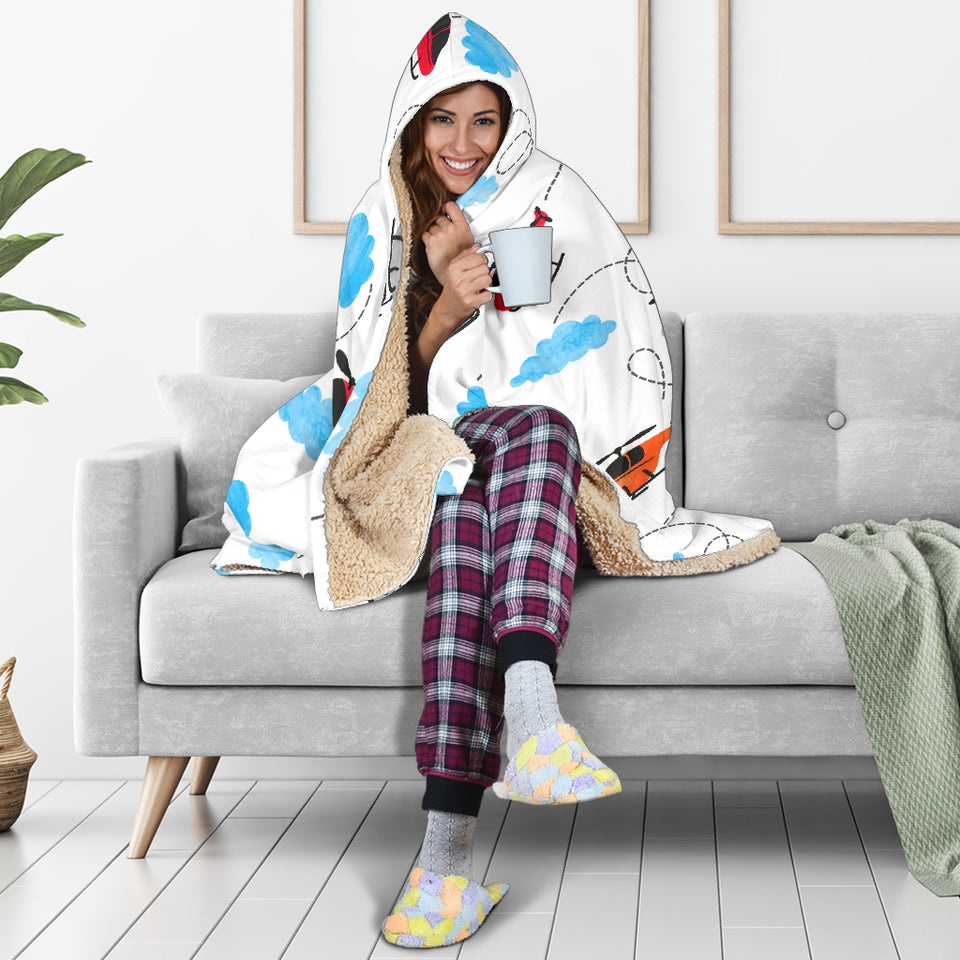 Watercolor Helicopter Cloud Pattern Hooded Blanket