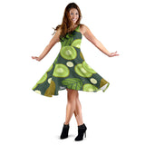 Whole Sliced Kiwi Leave And Flower Sleeveless Midi Dress