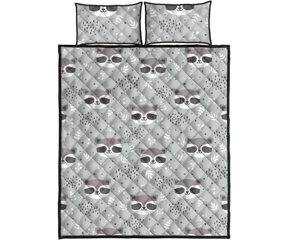 Cute raccoons leaves dot Quilt Bed Set