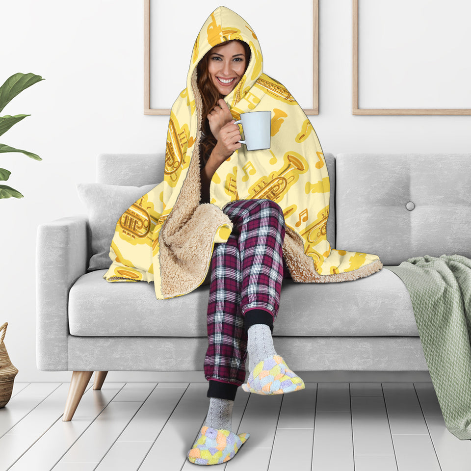 Saxophone Cornet Pattern Yellow Background Hooded Blanket