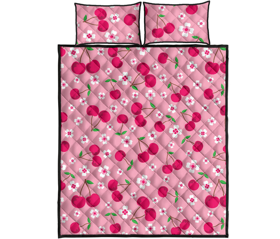 cherry flower pattern pink background Quilt Bed Set