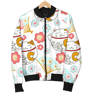 Maneki Neko Lucky Cat Fan Sakura Women'S Bomber Jacket