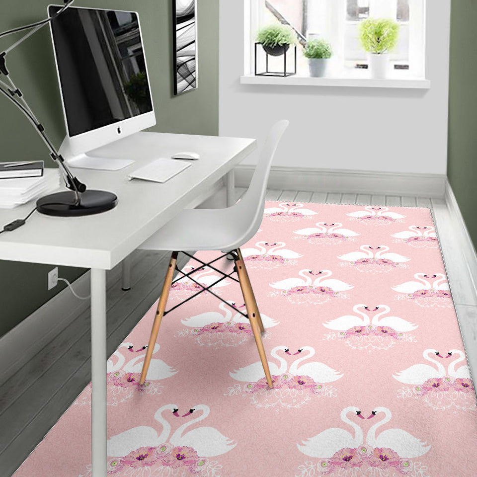 White Swan And Flower Love Pattern Area Rug