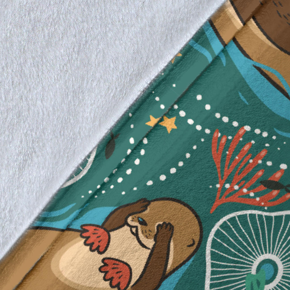 Cute Brown Sea Otters Ornamental Seaweed Corals Green Water Premium Blanket