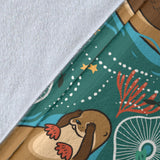 Cute Brown Sea Otters Ornamental Seaweed Corals Green Water Premium Blanket