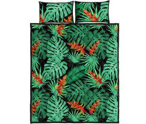 heliconia flower palm monstera leaves black background Quilt Bed Set