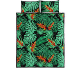 heliconia flower palm monstera leaves black background Quilt Bed Set