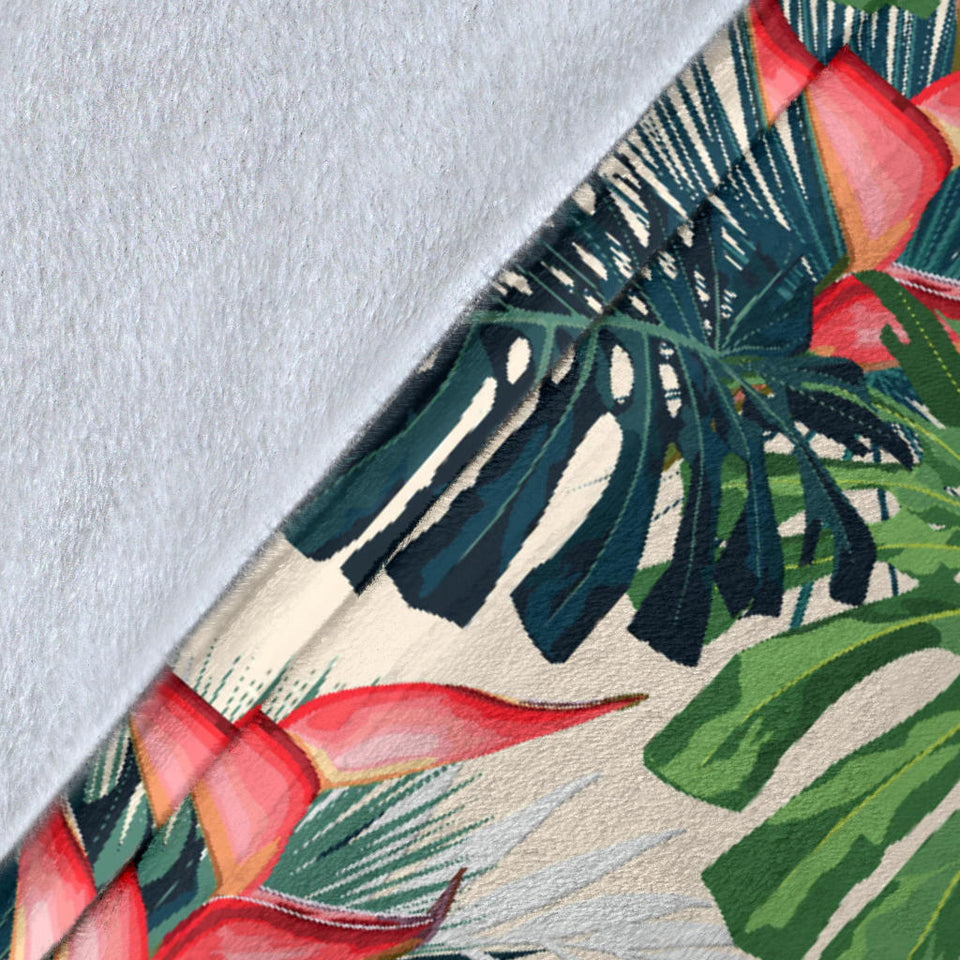 Heliconia Flowers, Palm And Monstera Leaves Premium Blanket