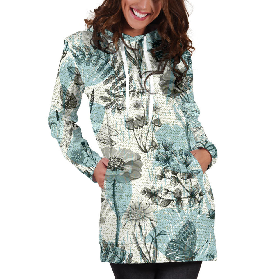 Dragonfly Butterfly Plants Insect Flower Vintage Style Pattern Women'S Hoodie Dress