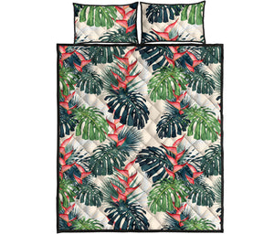 heliconia flowers, palm and monstera leaves Quilt Bed Set