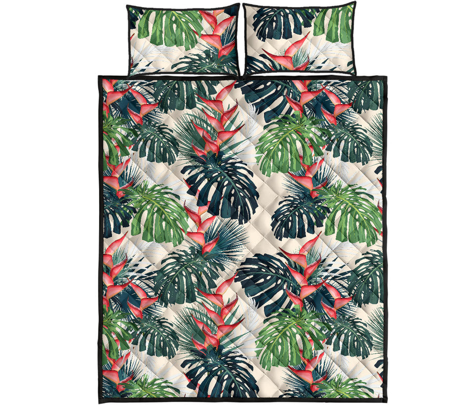 heliconia flowers, palm and monstera leaves Quilt Bed Set