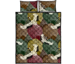 Japanese cranes flying forest dot pattern Quilt Bed Set