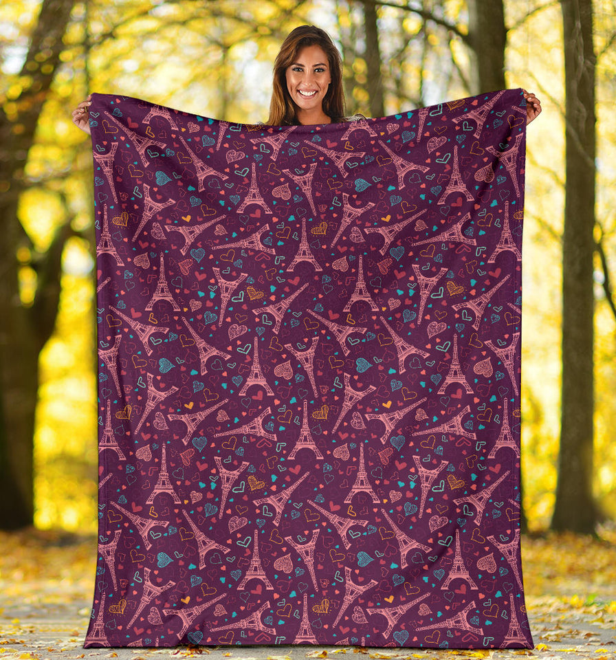 Eiffel Tower Heart Pattern Print Design 04 Premium Blanket