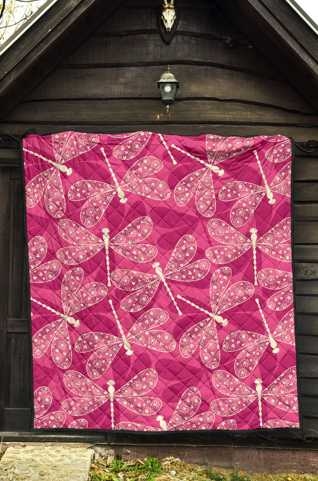 Beautiful Dragonfly Pink Background Premium Quilt