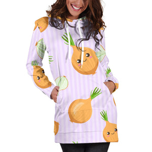 Cute Onions Smiling Faces Purple Background Women'S Hoodie Dress