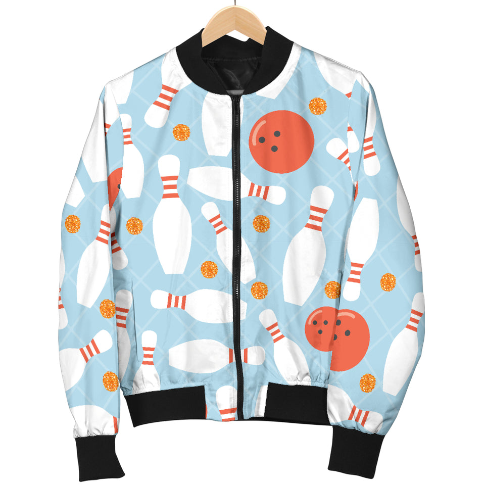 Bowling Ball Bowling Pins Blue Blackground Women'S Bomber Jacket