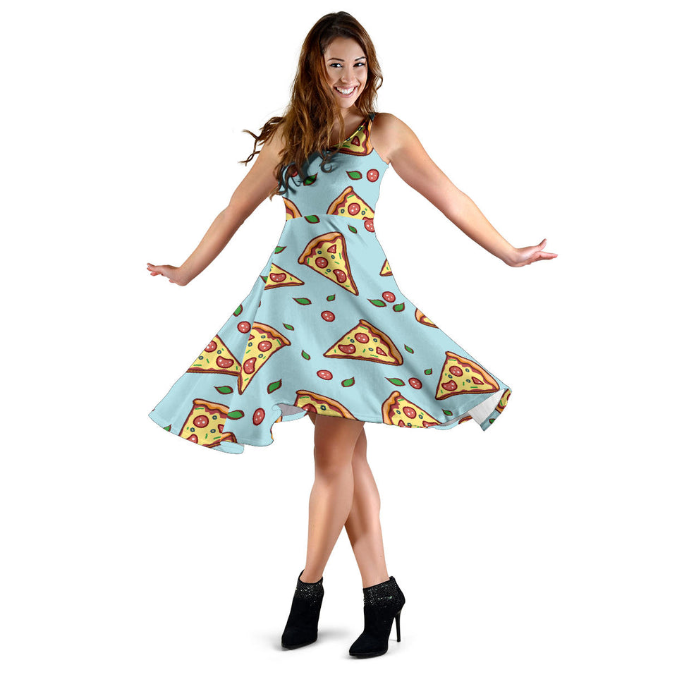 Hand Drawn Pizza Blue Background Sleeveless Midi Dress