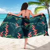 Heliconia Flowers, Palm And Monstera Leaves On Black Background Pattern Sarong