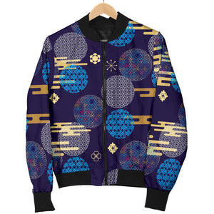 Blue Japanese Pattern Cloud Wave Flower Women'S Bomber Jacket