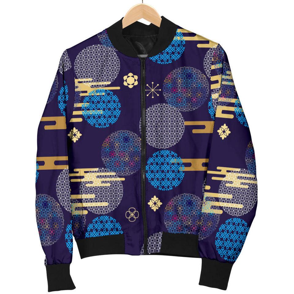 Blue Japanese Pattern Cloud Wave Flower Women'S Bomber Jacket