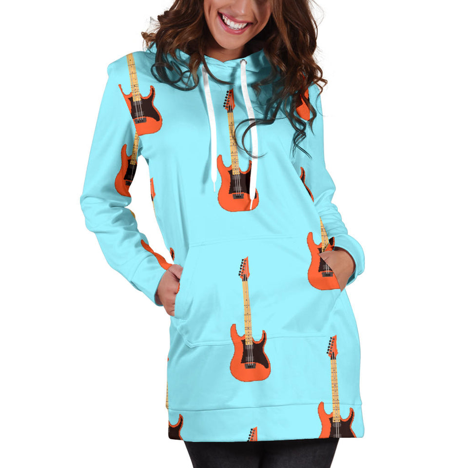 Electric Guitar Pattern Light Blue Background Women'S Hoodie Dress