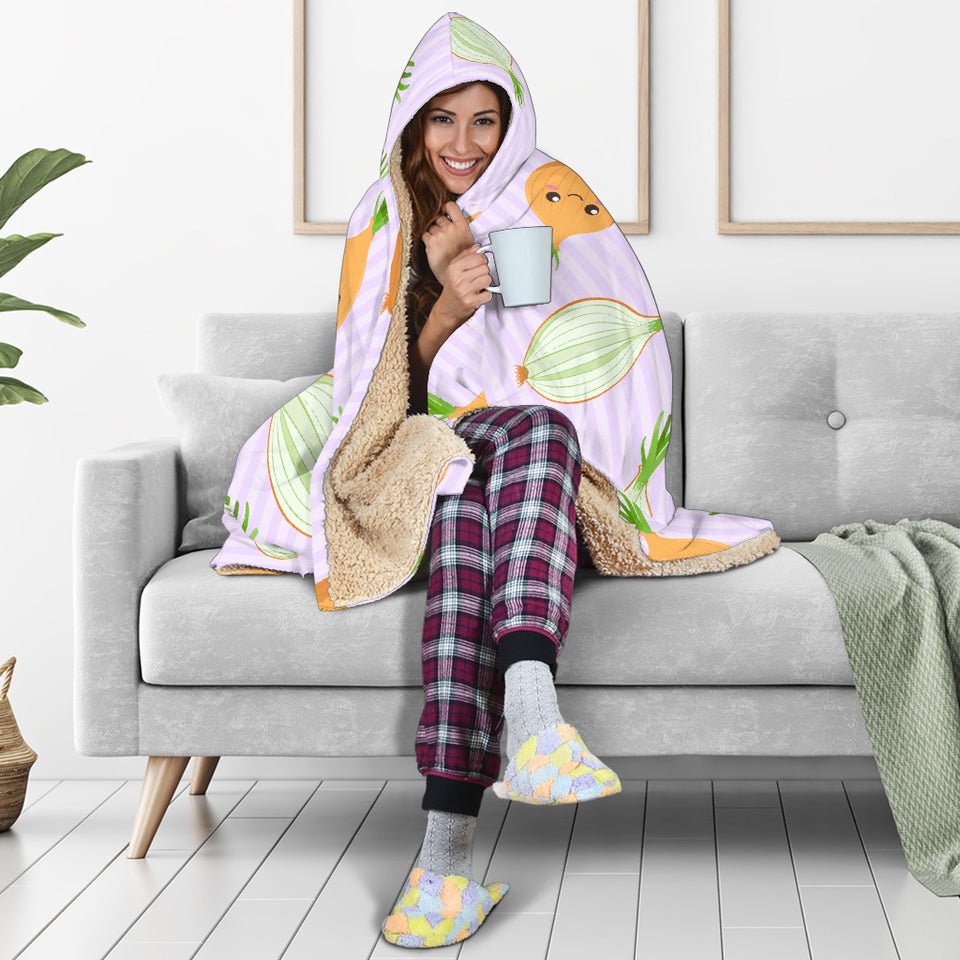 Cute Onions Smiling Faces Purple Background Hooded Blanket
