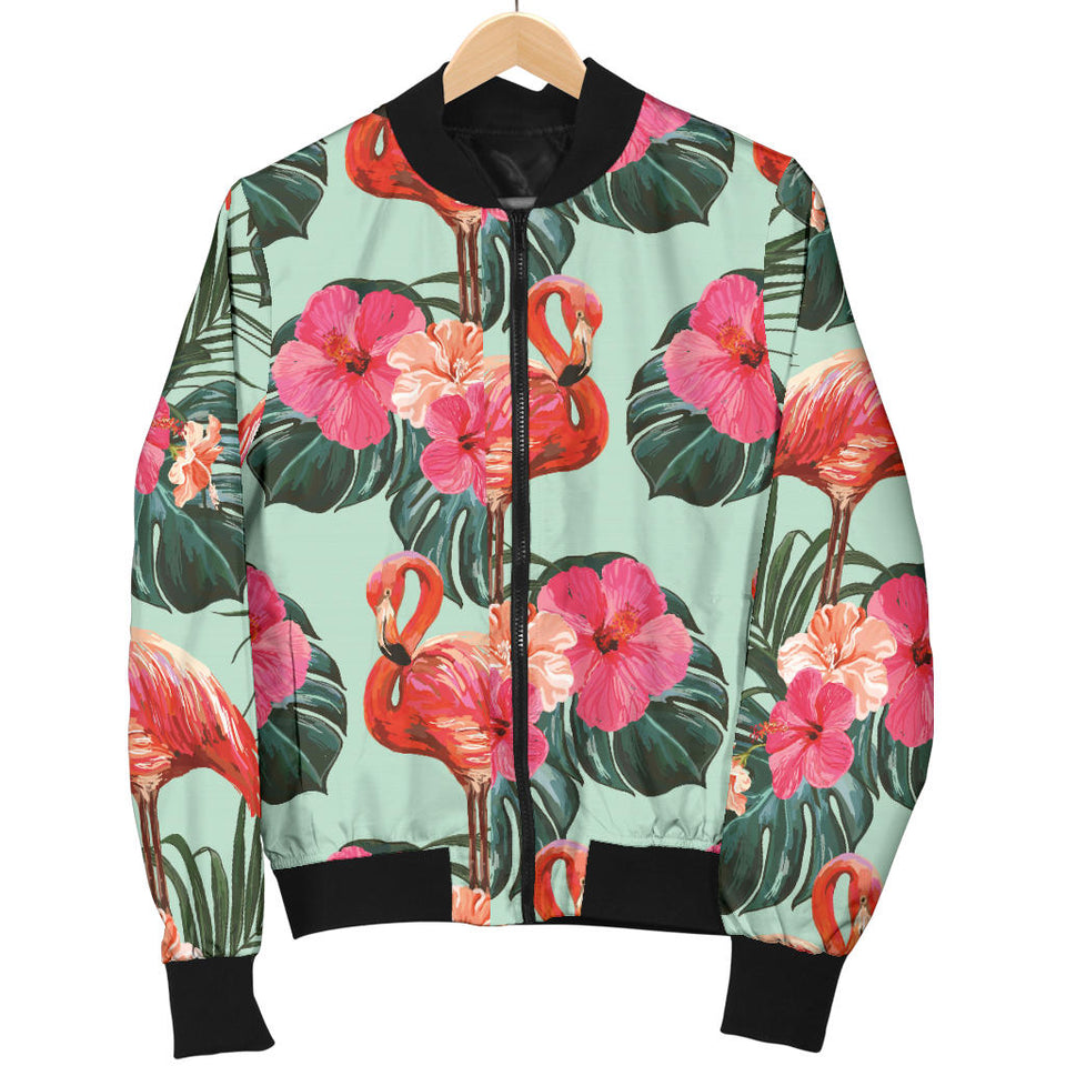 Beautiful Flamingo Tropical Palm Leaves Hibiscus Pateern Background Women'S Bomber Jacket
