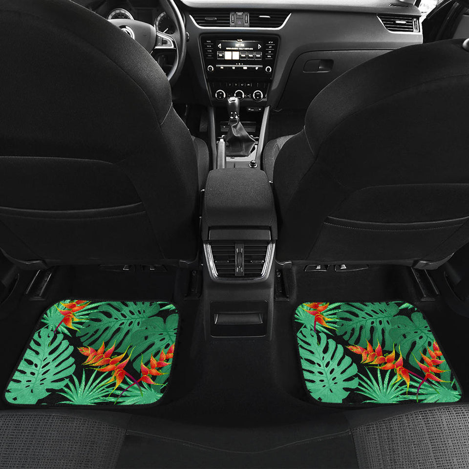 Heliconia Flower Palm Monstera Leaves Black Background Front And Back Car Mats