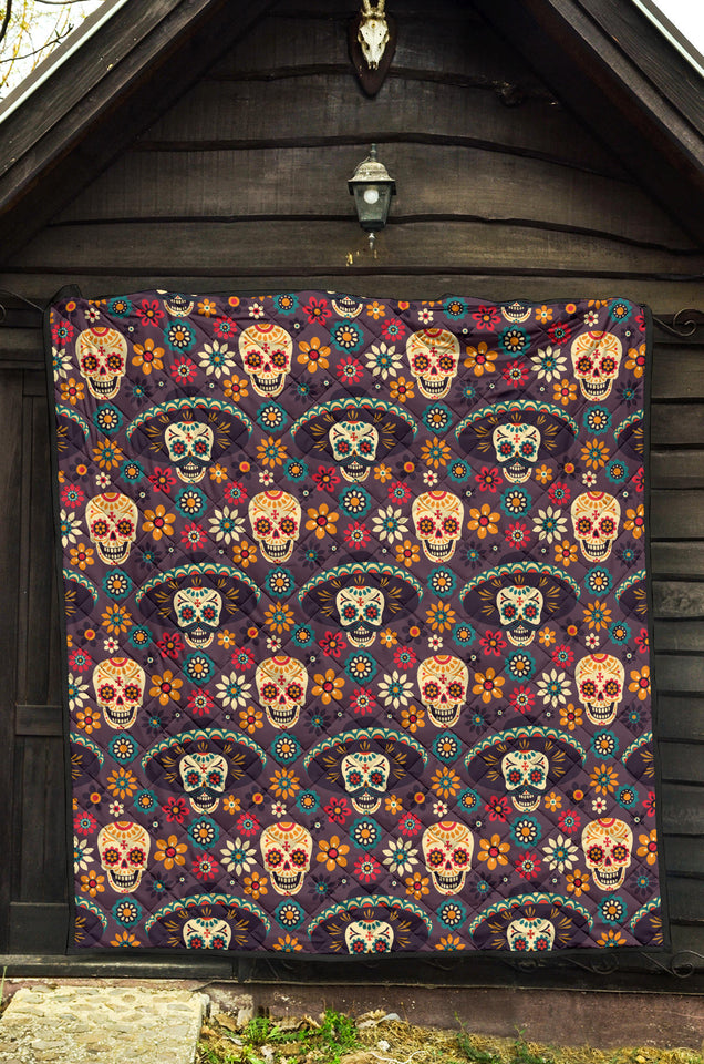 Sugar Skulls Flower Maxican Pattern Premium Quilt