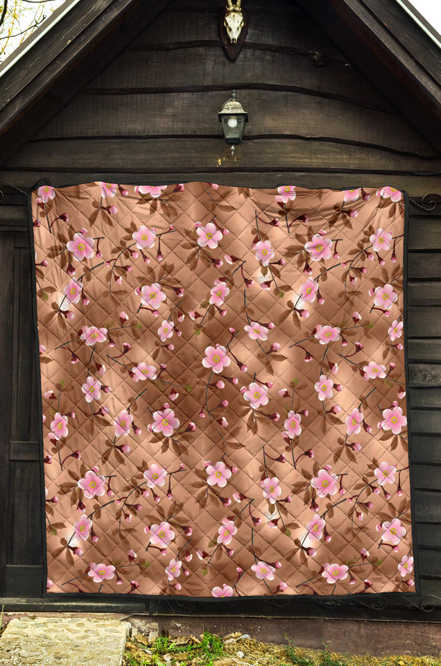 Pink Sakura Cherry Blossom Drak Brown Background Premium Quilt