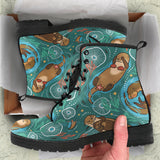 Cute Brown Sea Otters Ornamental Seaweed Corals Green Water Leather Boots
