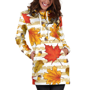 Maple Leaf Oak Leaf Acorns Beige Striped Background Women'S Hoodie Dress