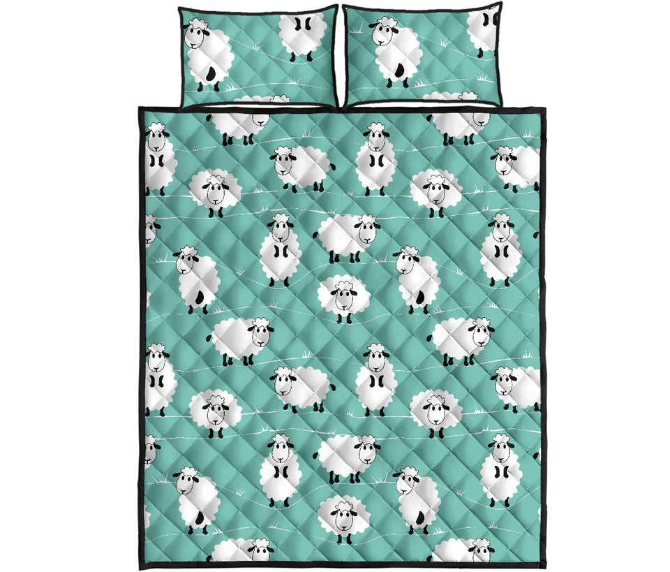 Cute sheep green background Quilt Bed Set