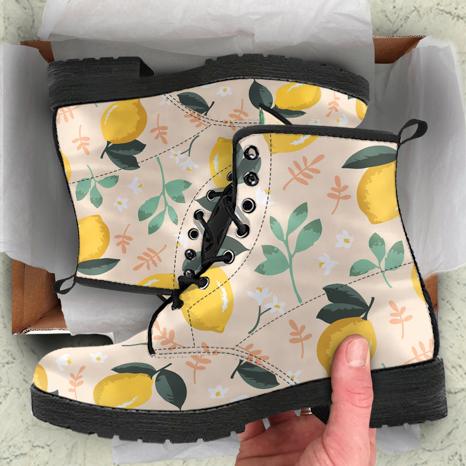 Lemon Flower Leave Pattern Leather Boots