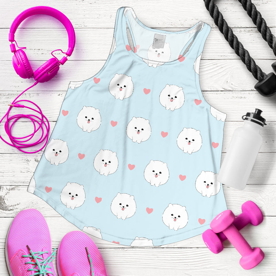 White cute pomeranian pattern Women Racerback Tank Top