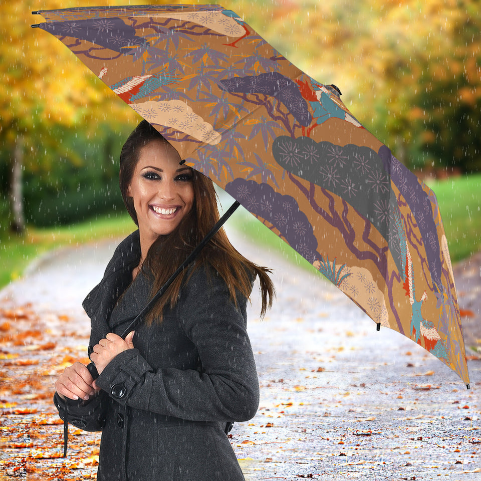 Bonsai Bamboo Stork Japanese Pattern Brown Theme Umbrella