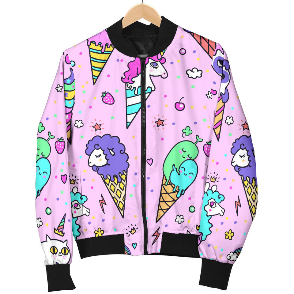Cute Ice Cream Cone Animal Pattern Women'S Bomber Jacket