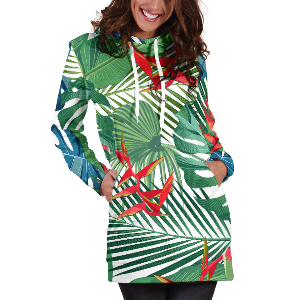 Heliconia Palm And Monstera  Leaves Pattern Women'S Hoodie Dress