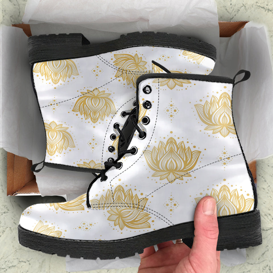 Gold Ornamental Lotue Waterlily Symbol Pattern Leather Boots