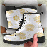 Gold Ornamental Lotue Waterlily Symbol Pattern Leather Boots