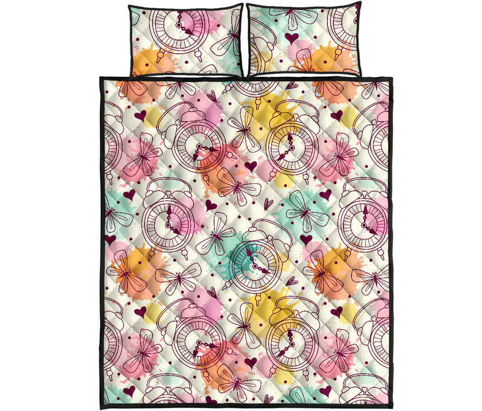 Clock butterfly pattern Quilt Bed Set