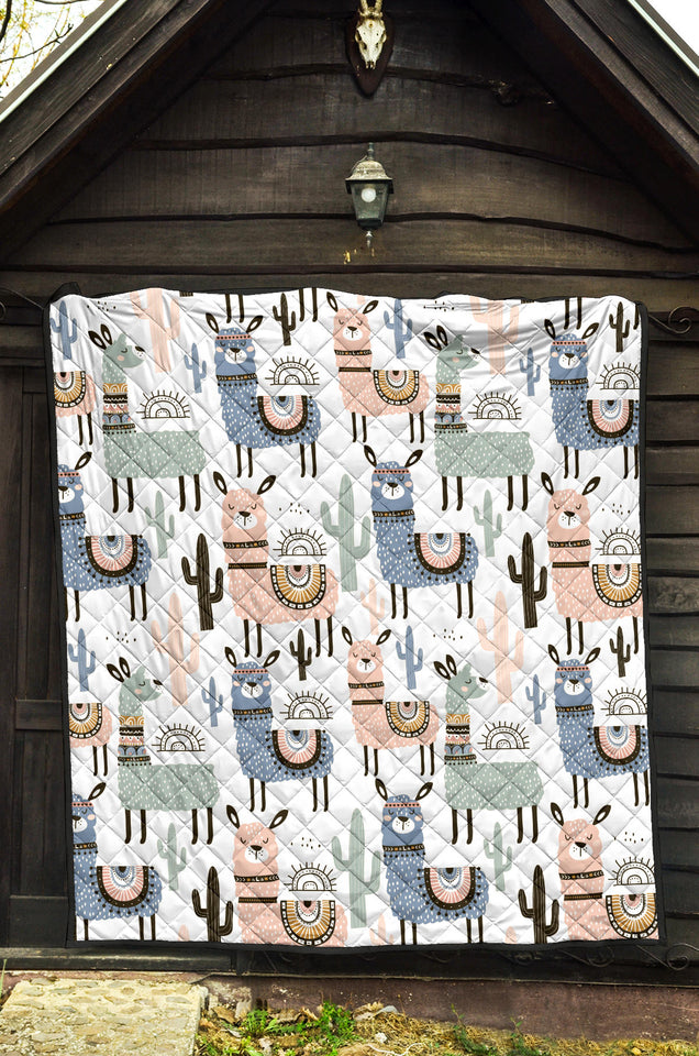 Lama Alpaca Cactus Hand Drawn Pattern Premium Quilt