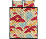Red Bonsai gray sun japanese pattern Quilt Bed Set