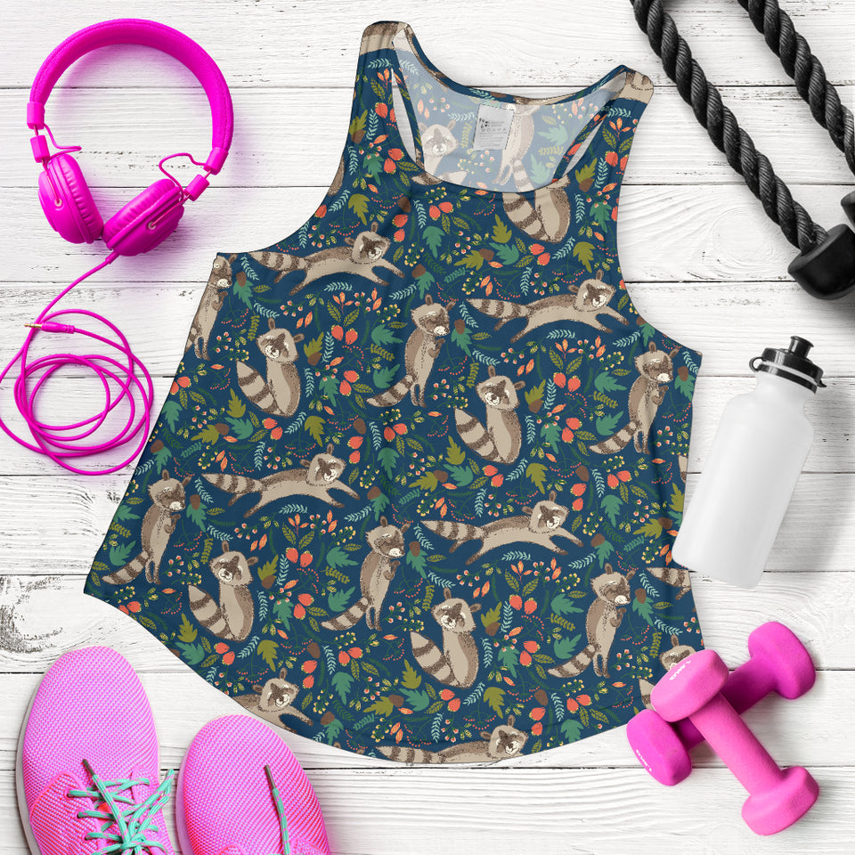 Raccoon tropical leaves pattern Women Racerback Tank Top
